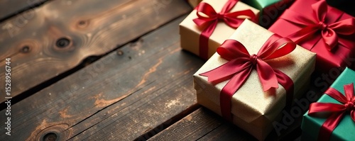 Varied wrapped gifts, silky ribbons, aged wooden surface , macro, ribbon, packaging
