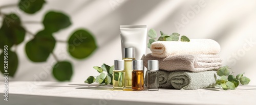 The elegant arrangement of spa products and towels for a soothing experience