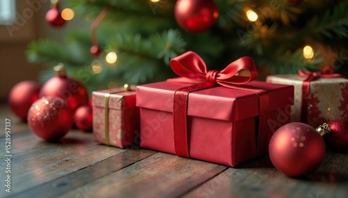 Luxury gift boxes, tied with silk ribbon, nestled beneath a Christmas tree , silver, beautiful, christmas tree