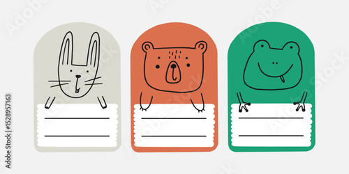Cute school name tag trendy animals. Animal character label card frame collection. Cartoon vector illustration