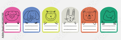 Cute school name tag sticker with animals. Animal character label card frame collection. Cartoon vector illustration