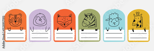 Cute school name tag animals. Animal character label card frame collection. Cartoon vector illustration