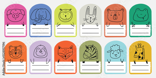 Cute school name tag sticker with animals set. Animal character label card frame collection. Cartoon vector illustration
