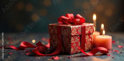 Ornate gift box, overflowing ribbons, flickering candlelight, light, elegant