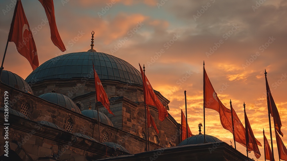 Obraz premium Captivating sunset over a historic Ottoman mosque flags waving in national pride ancient architecture bathed in golden