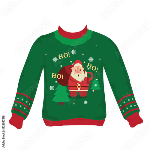 Green ugly sweater with santa claus on it.
