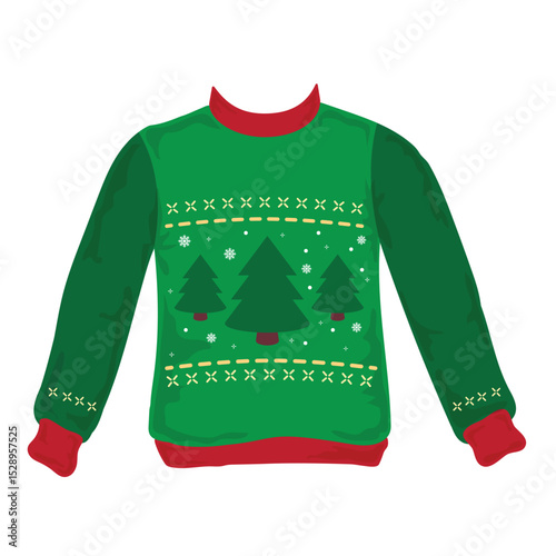 Green ugly sweater with christmas tree on it.