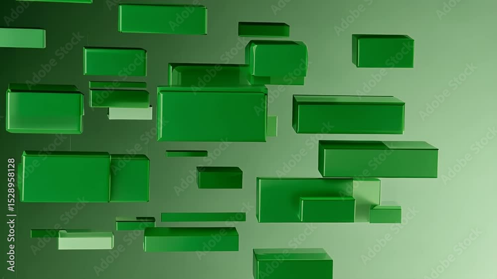 An abstract array of green geometric shapes floating in a soft gradient background.