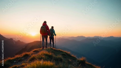 Hiker on a mountain peak at sunset: a silhouette against the sky, perfect for adventure travel and nature landscapes