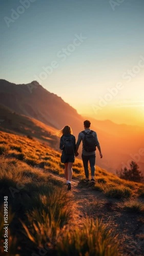 couple Hiker on a mountain peak at sunset: a silhouette against the sky, perfect for adventure travel and nature landscapes