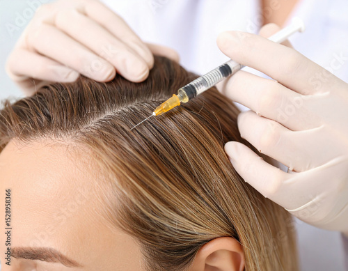 A medical professional wearing white gloves carefully administers a treatment injection into the scalp of a patient, aiming to stimulate hair growth and improve scalp health.

