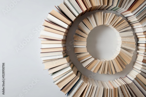 Books arranged in spiral formation symbolize the journey of deepening knowledge against a clean neutral backdrop – commercial concept image
