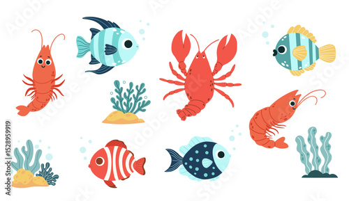 Cute Tropical Fish, Crayfish, Shrimp and Sea Plants, seaweed set. Isolated underwater animals on white. Vector illustration. Kids collection