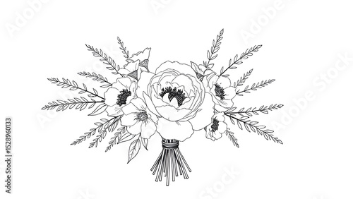 Single pattern modern bouquet with peonies, eucalyptus and wild herbs.