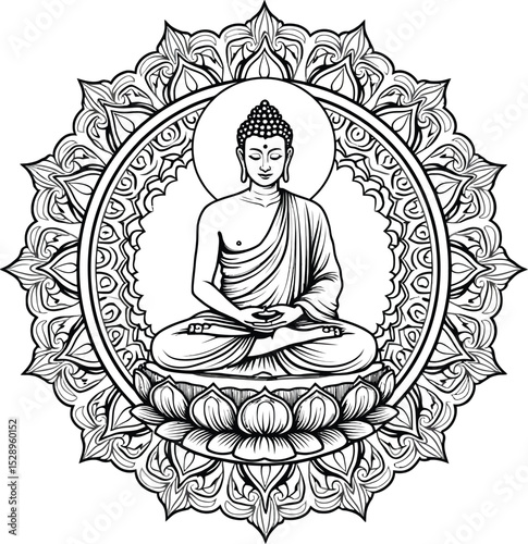 Buddha sitting in meditation on a lotus flower, detailed line art with mandala.