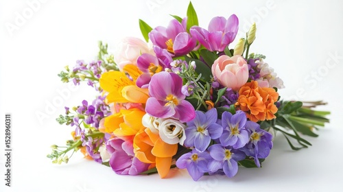 A colorful bouquet of flowers, including tulips, freesias, and crocuses, arranged on a white background.