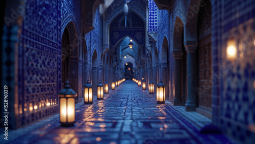 A majestic moroccan corridor adorned with lit lanterns creating a mystical atmosphere