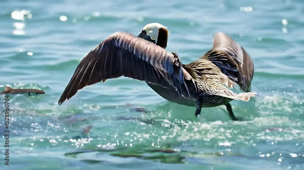 Pelican Diving into Turquoise Sea with Fish in Sunny Daylight Water Contains Logo