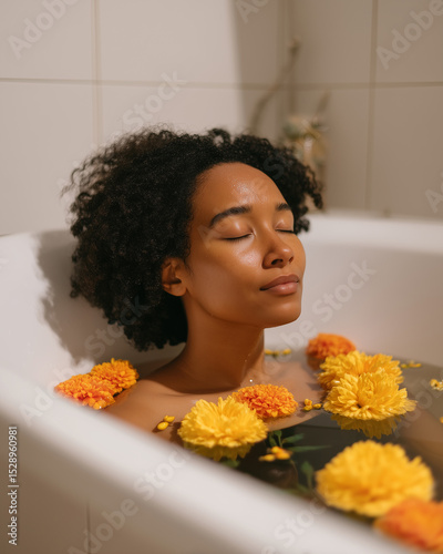 Relaxing in a flower-filled bath during a calm afternoon at home for self-care and renewal