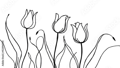 Abstract linear composition with flowing, undulating stems and simplified floral forms (tulips, abstract flowers).