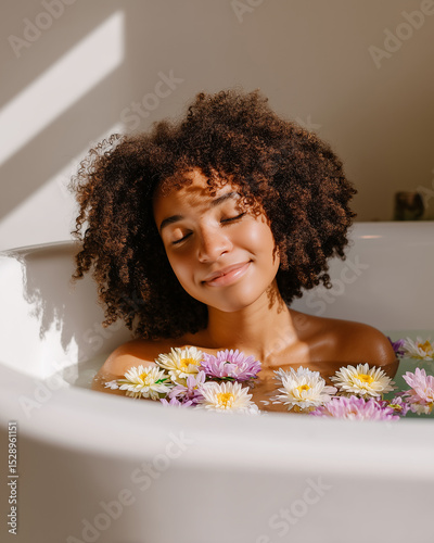 Woman enjoying a relaxing bath surrounded by colorful flowers in a bright, serene bathroom
