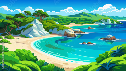 Scenic view of Mitjaneta Beach on Menorca Island, Spain, featuring beautiful turquoise sea water, white sandy shore, and lush green surroundings under a bright blue sky, vector illustration