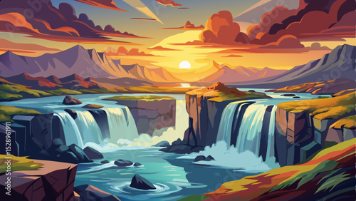 Stunning view of Godafoss Waterfall in Iceland at sunset, captured in long exposure. Beautiful cascading water, dramatic sky with warm colors, and breathtaking natural scenery, vector illustration