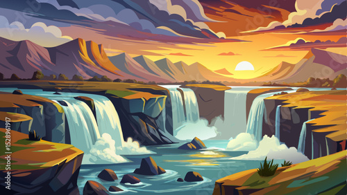 Stunning view of Godafoss Waterfall in Iceland at sunset, captured in long exposure. Beautiful cascading water, dramatic sky with warm colors, and breathtaking natural scenery, vector illustration