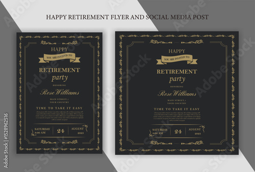 Set of retirement party invitation, square banner, instagram story and a4 poster, vector illustration Retirement Flyer Design Template. Retirement Party Invitation Layout, square banner, and a4 poster