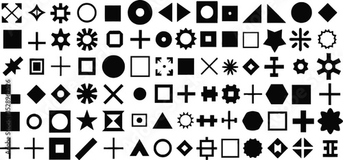 Collection of Black and White Geometric Shapes, Icons, and Design Elements Arrayed on a White Background