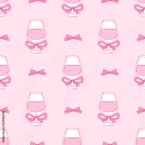Seamless Pattern Glass Cocktail with Coquette Ribbon Bow on Pink Background. Vintage Aesthetic Drink. Romantic Girly Vibe beverage. Trendy backdrop template. Vector illustration