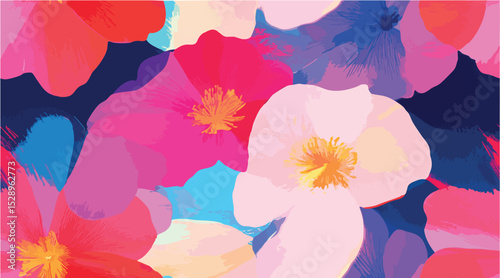 Impressionist pink red painted abstract vector flowers opaque and translucent overlapping colors maximalism flat shading simplified painting background pattern backdrop 