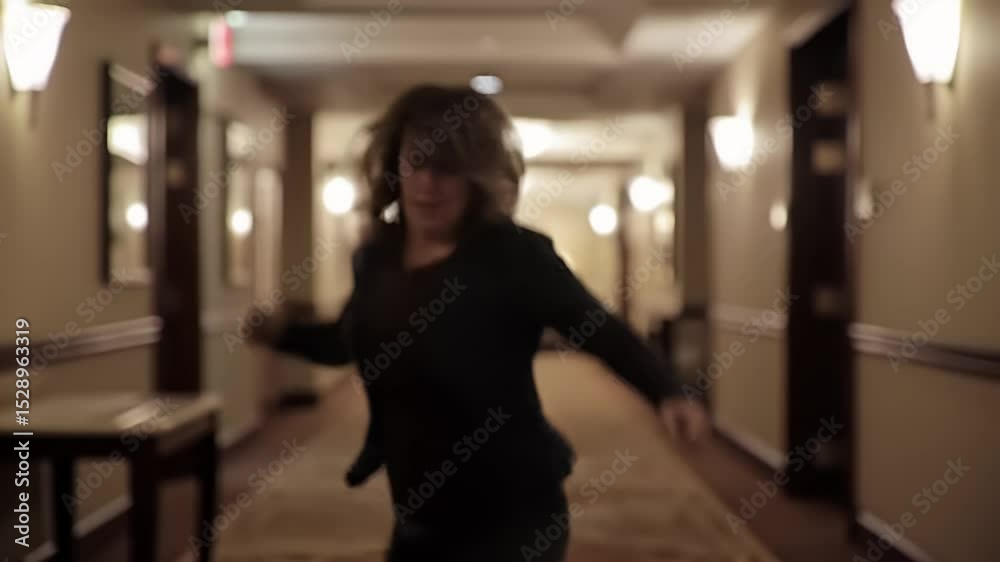 Woman in Dark Blue Top Running Anxiously Through Lit Hallway in Hotel Interior Woman in Dark Blue Top Running Anxiously Through Lit Hallway in Hotel Interior