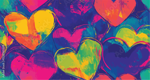 Impressionist hearts blue painted abstract vector opaque and translucent overlapping neon colors hypnagogic maximalism flat shading simplified painting background pattern backdrop 