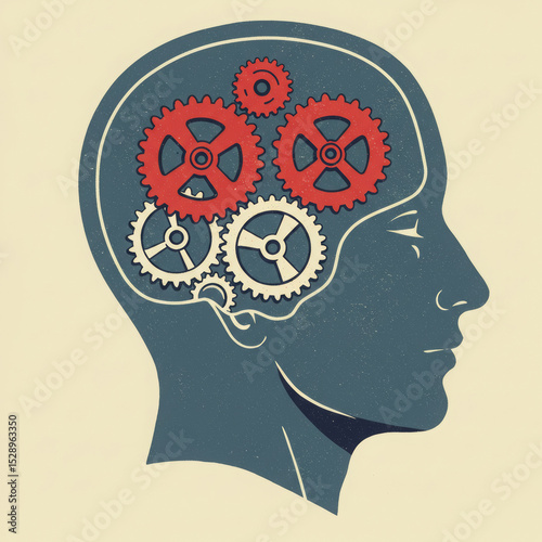 A mechanism made of gears in a person's head. A metaphor for the thought process, intelligence, psychology, as well as problems such as creative crisis, burnout, or mental stupor.