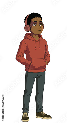 Cool Black Teenage Boy with Headphones Stylish Cartoon Character in Red Hoodie and Casual Outfit