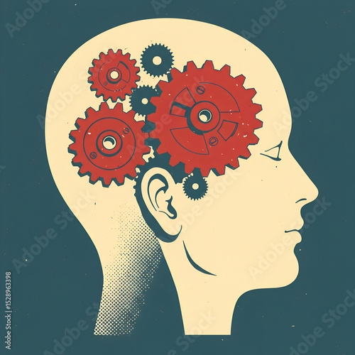 A mechanism made of gears in a person's head. A metaphor for the thought process, intelligence, psychology, as well as problems such as creative crisis, burnout, or mental stupor.