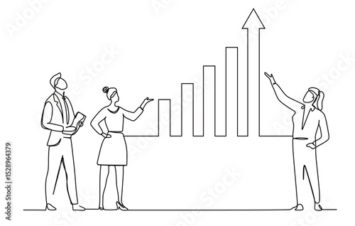 Business Success Concept. Vector continuous one line art of a group of diverse people in business suits working to improve financial charts and set business strategies. Isolated on background