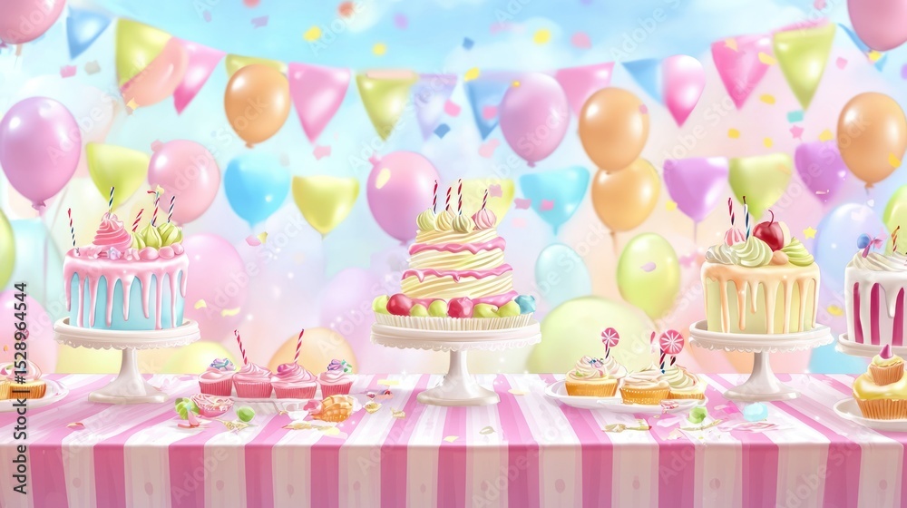 A colorful birthday cake table with balloons, cupcakes, and a variety of desserts. A colorful birthday cake table with balloons, cupcakes, and a variety of desserts.