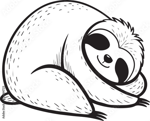 Cute Sleeping Sloth Vector Illustration, Sketch Drawing Line Linear Symbol Icon Engraving Coloring Book, Hand-drawn Black and White Isolated