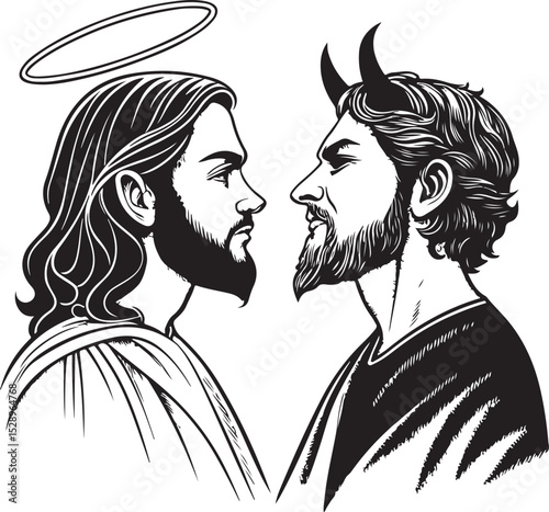God Jesus Christ VS Satan Lucifer Devil Heaven and Hell Vector Illustration, Sketch Drawing Line Linear Symbol Icon Engraving Coloring Book, Hand-drawn Black and White Isolated