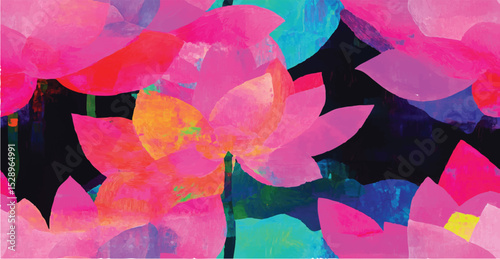 Impressionist lotus, pink orange black blue painted abstract vector flowers opaque and translucent overlapping neon colors maximalism flat shading simplified painting background pattern backdrop 