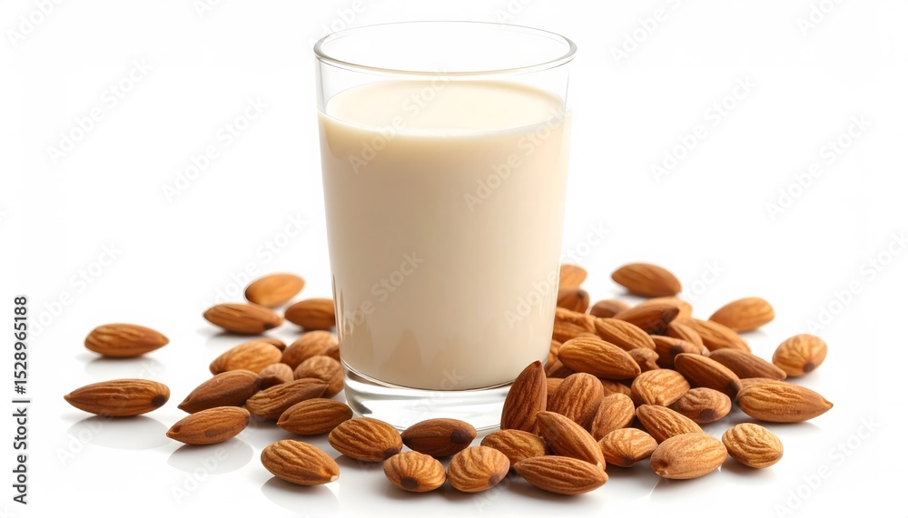 Almond milk glass surrounded by almonds on white background Almond milk glass surrounded by almonds on white background