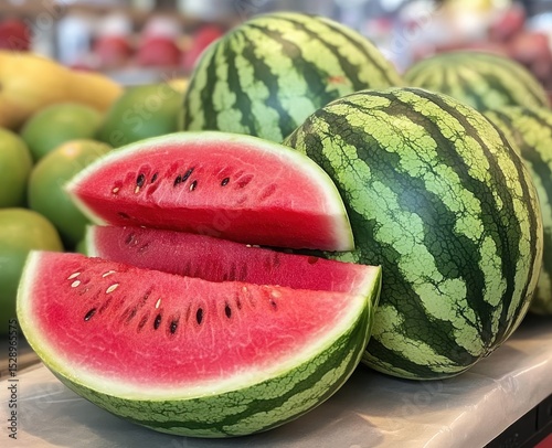 fresh watermelons at market stall with sliced red rind, natural daylight, top view

