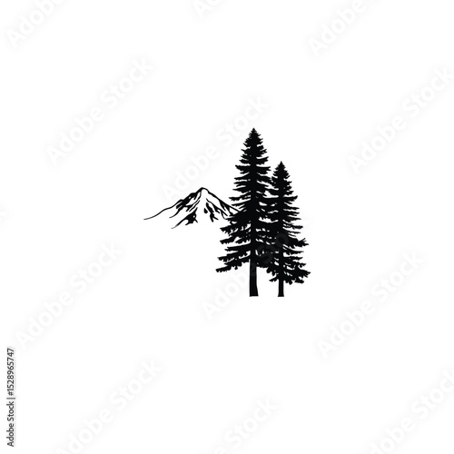 A lone pine tree silhouetted against a snowy mountain on white background