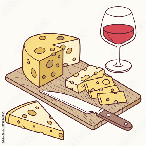Cheese and Wine Tasting Platter: Round Cheese Wheel, Slices, and Knife