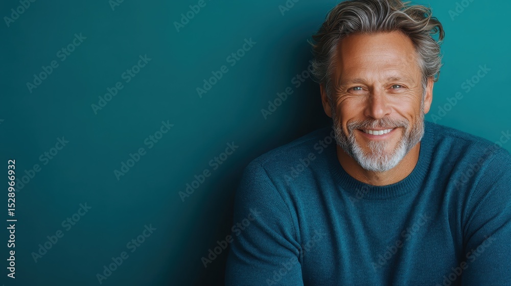 Obraz premium A close-up shot of a handsome older man smiling warmly, radiating charm and wisdom, set against a soothing teal background, encapsulating confidence and grace.