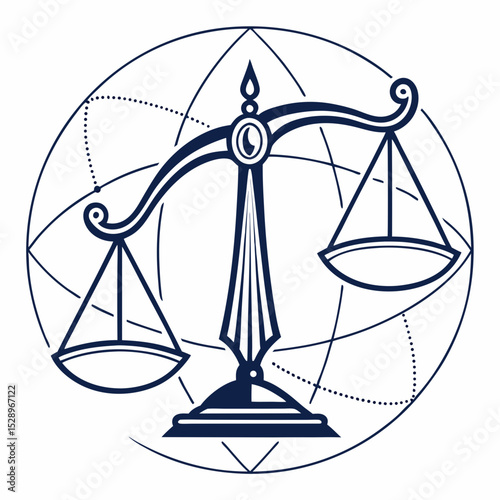 Stylized Scales of Justice with Globe Illustration in Blue