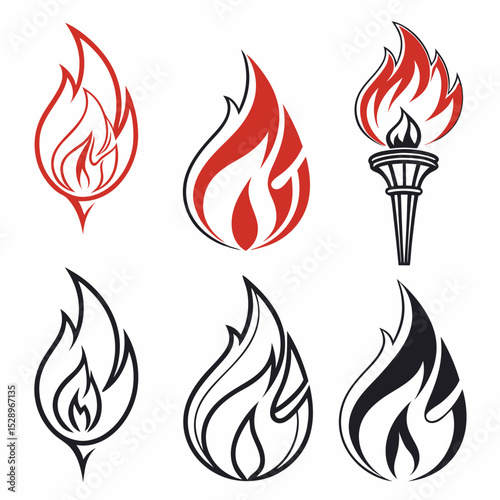 Collection of Stylized Flame and Torch Illustrations in Red and Black
