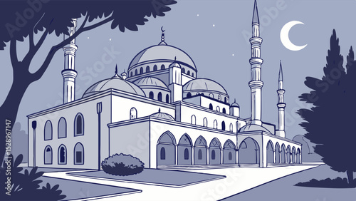 Majestic Mosque at Night with Lush Surroundings